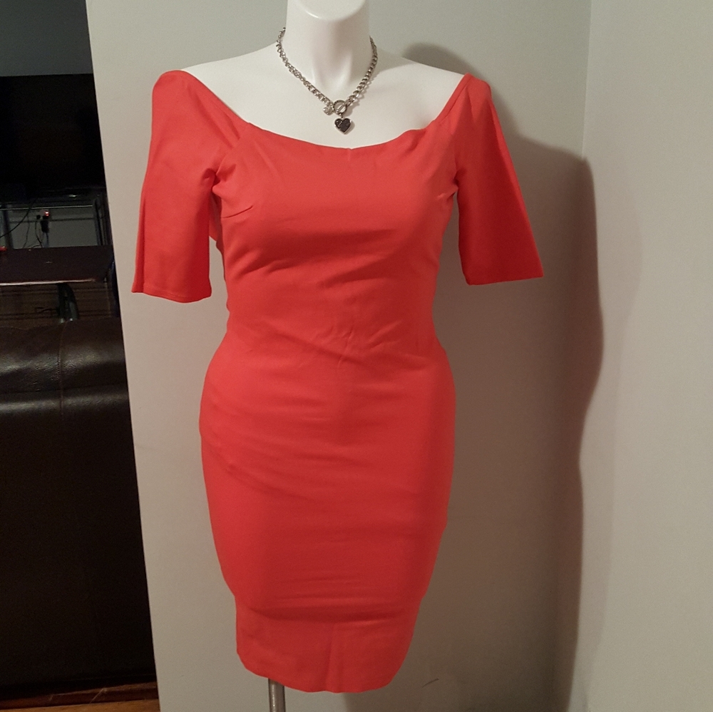 Just Me fitted midi coral cocktail party dress